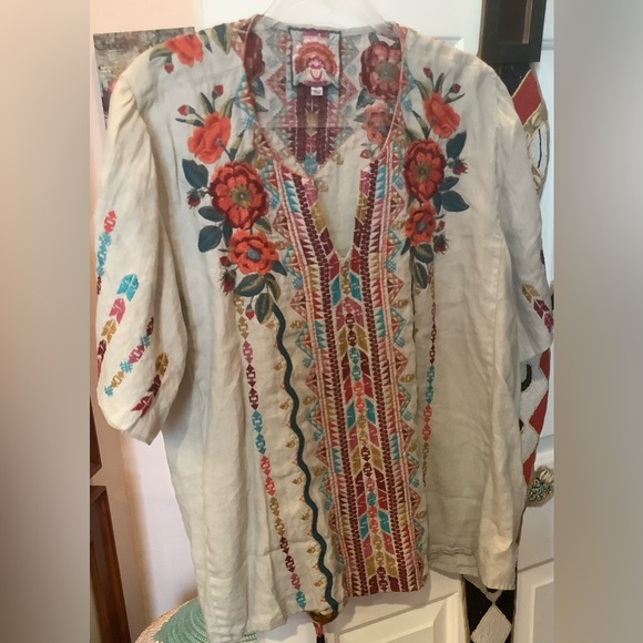 Johnny Was Tops - Johnny Was Short Sleeve Linen Tunic with Colorful Embroidery, Size XXL.